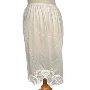 Vintage Olga White Lace Half Slip Silky Midi Petticoat Elastic Waist M Old Money